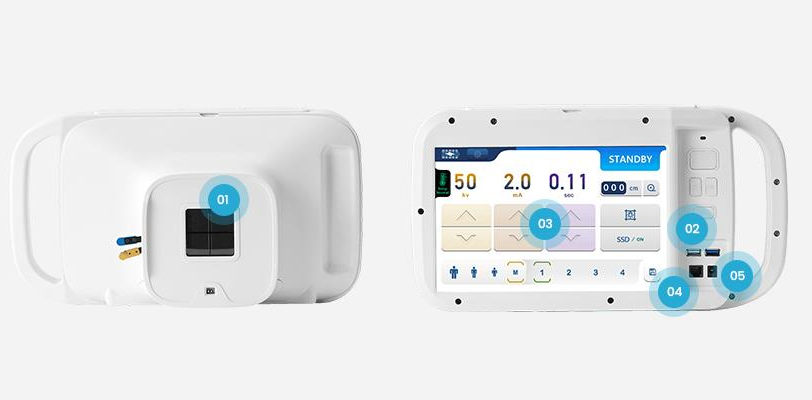 AiRTouch 905 top and front views with numbered callouts for collimator, USB ports, touch screen, ethernet, and charging port