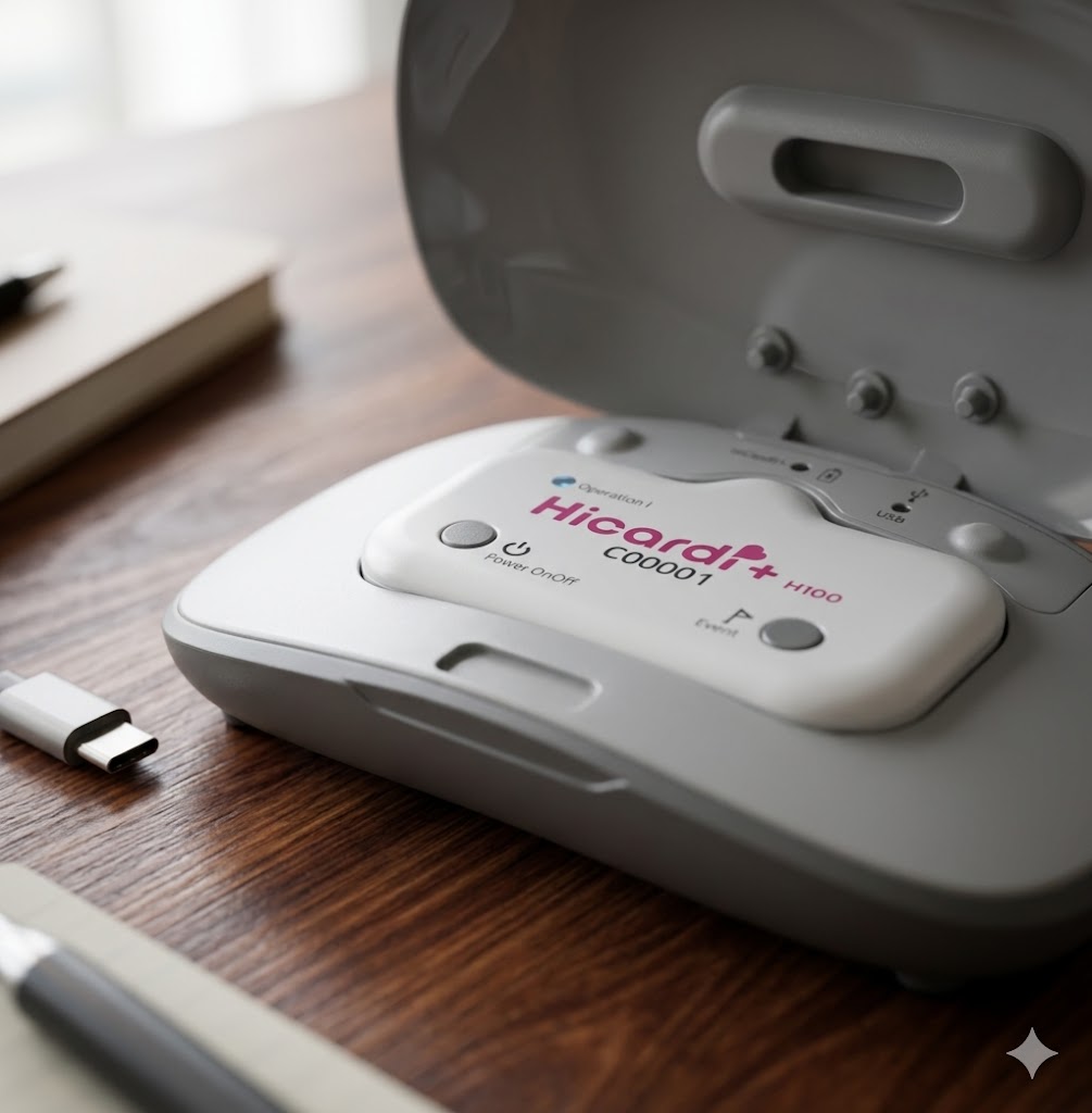 HiCardi+ H100 wireless Holter monitor with charging cradle on a desk